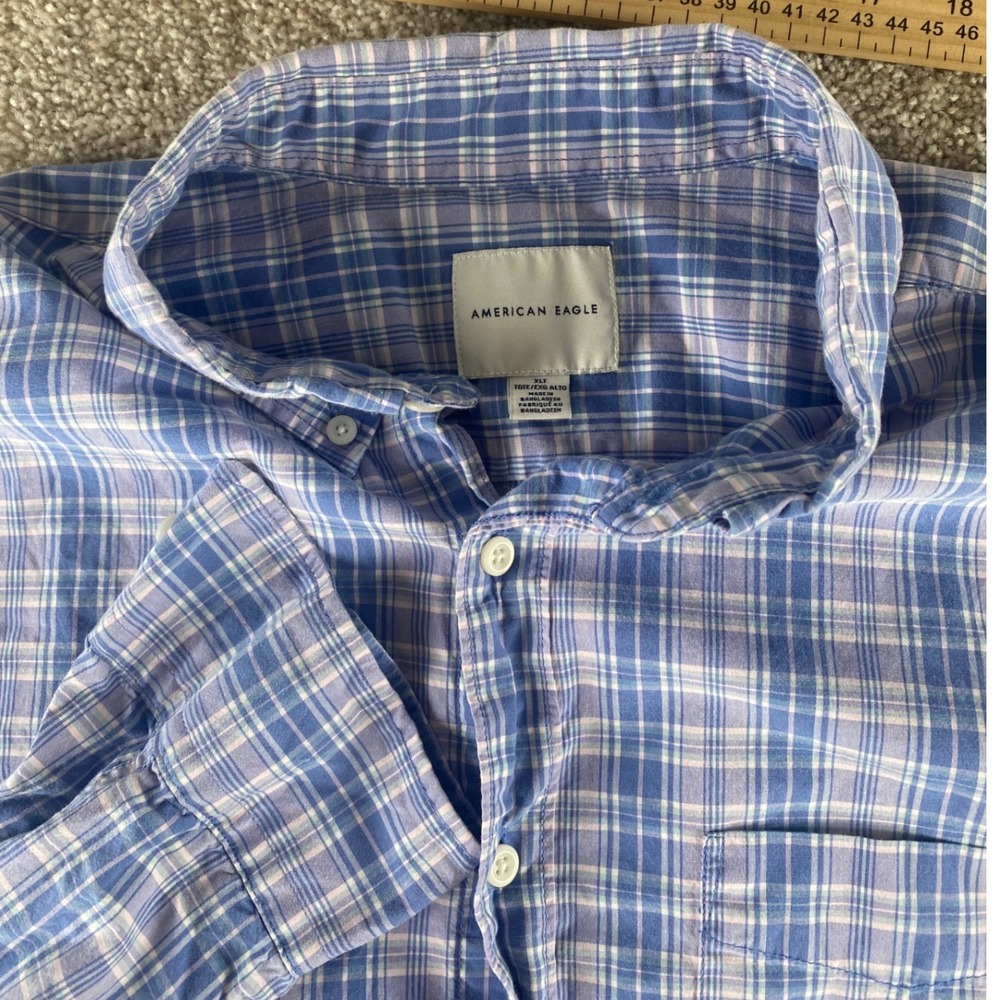 American Eagle Mens XLT Blue Purple Plaid Button Down Shirt Long Sleeve Tall